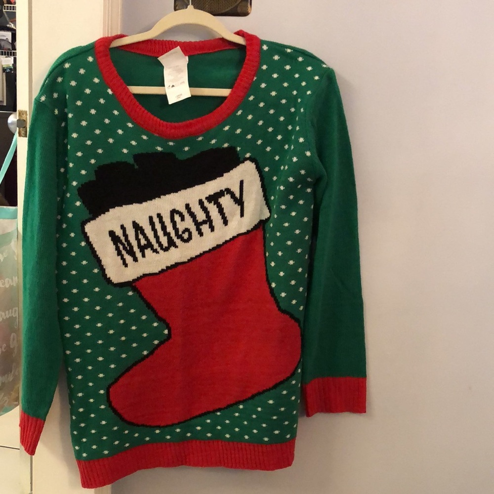Ugly Christmas Sweater "Naughty" red boot and snow on green background, Large
